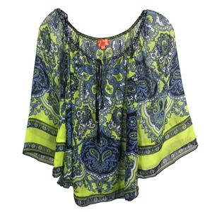 Hale Bob Women's Cabana Blouse Silk Bell Sleeve Boho Festival Blue Paisley XS